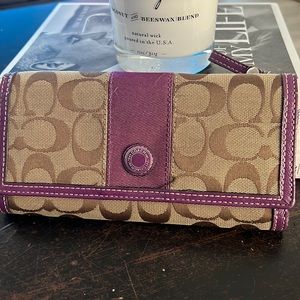 Coach traditional brown and purple trifold wallet